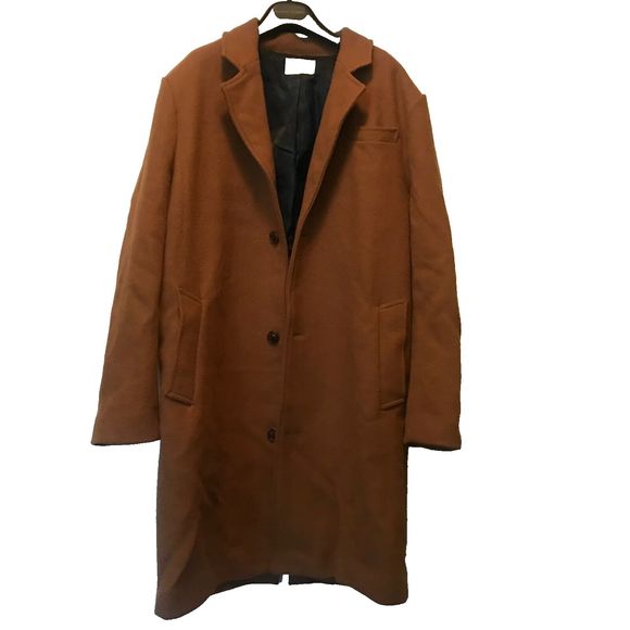 EUC Your Neighbors Wool blend camel tan Classic Long Over Coat Men's Large
